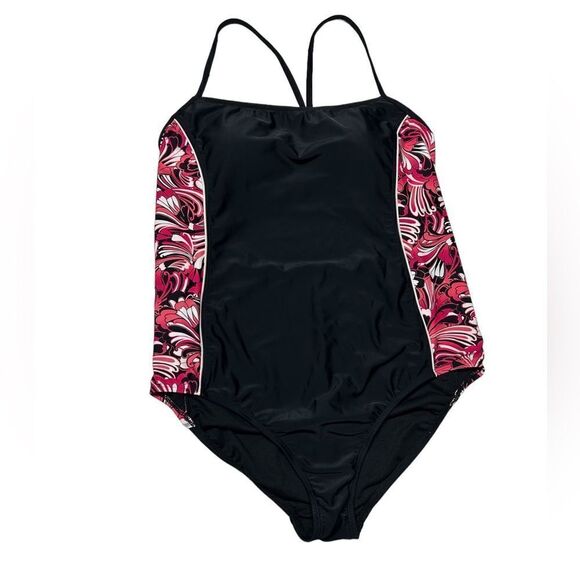 Catalina Black and Pink One Piece Swimsuit Bathing Suit Scoop Open Back 2X - Picture 1 of 5